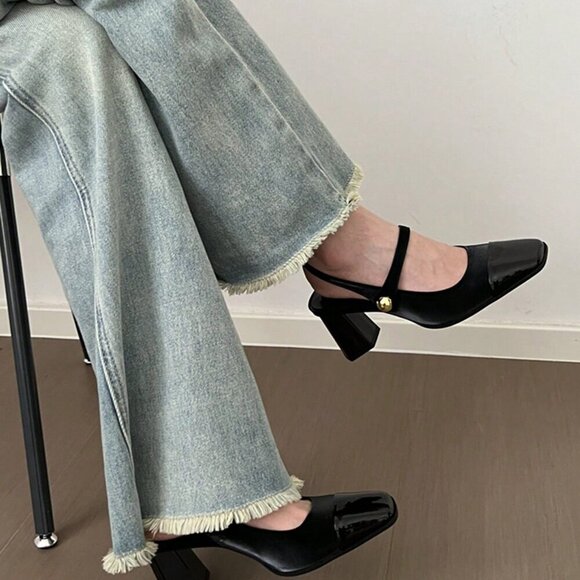 Black Casual Fashionable Women's Elegant Square Toe Studded Mary Jane Shoes - Picture 1 of 4
